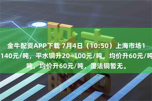 金牛配资APP下载 7月4日（10:50）上海市场1#电解铜好铜升140元/吨，平水铜升20~100元/吨，均价升60元/吨，湿法铜暂无。